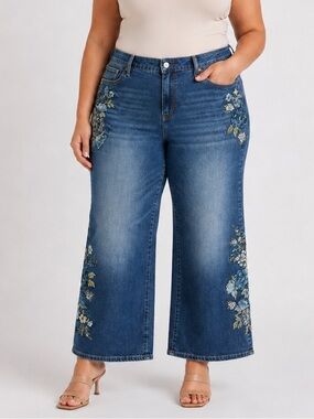 Driftwood Charlee Jeans size 16 Plus Size Wide Leg Floral Embroidered Denim NWT